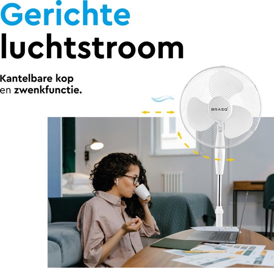 BRASQ Statiefventilator – 40 cm – Wit - In hoogte verstelbaar – 3 snelheden - 40 Watt