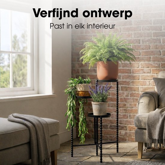 Mica Decorations Salvo Plantenrek - Plantenstandaard voor Kamerplanten - Plantentafeltje voor Binnen - Plantenonderzetter met Drie Plateaus - 40 x 40 x 70 cm - IJzer - Zwart