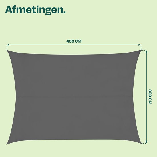VONROC schaduwdoek rechthoek - 400x300 cm - grijs - waterafstotend - UV-bescherming UPF 50+ - incl. RVS bevestigingsset