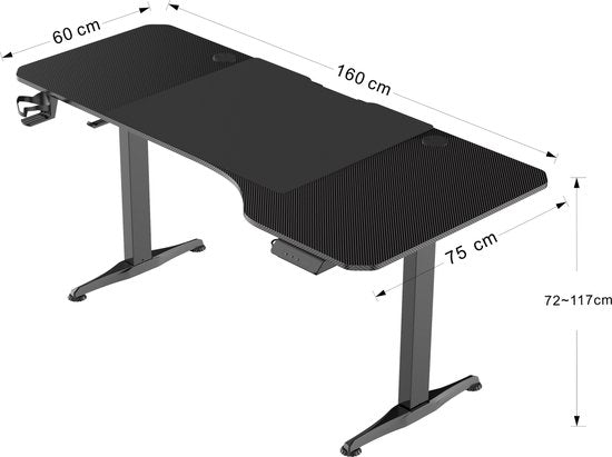 VDD Gaming - Bureau - Game Desk - Zit Sta Bureau - Elektrisch in Hoogte Verstelbaar - Zit-sta Bureau - Game Bureau - Gaming Desk - Computer Tafel - 160 x 75 cm - Zwarte - Maximale hoogte 117 cm
