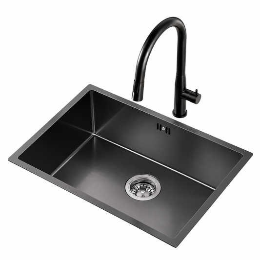 Auralum MAX Spoelbak RVS 60 x 44 cm - Inbouw, Opbouw en Onderbouw - Geluiddempend met Sifon - Donkergrijs