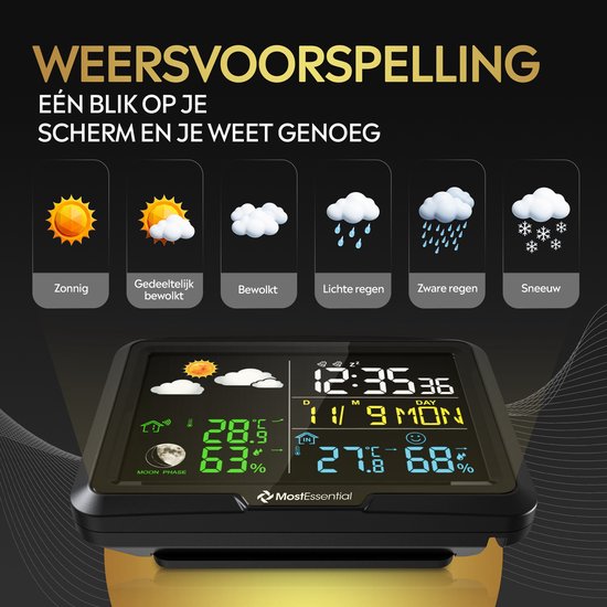 MostEssential Classic Edition Weerstation - Plug & Play Installatie - Draadloos - Weerstation met Buitensensor - Hygrometer - Binnen en Buiten - 100 Meter Bereik - 1 sensor