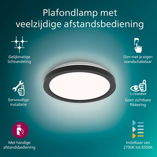 Philips All-In-One Plafondlamp - 2-Pack - Met Afstandsbediening - 24W - LED-verlichting - Warm- tot Koelwit licht; 2700K tot 6500K - 30 cm - Zwart - Rond