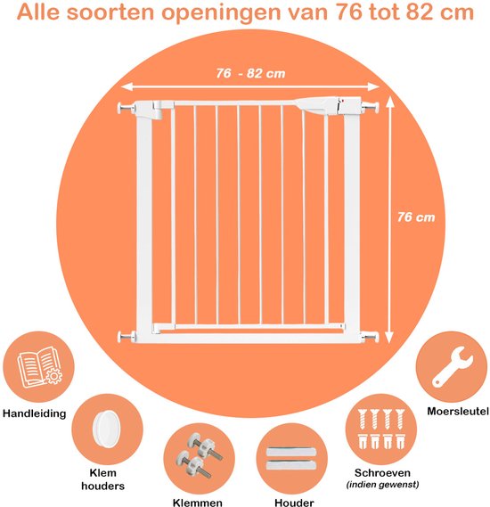 Traphekje Zonder Boren – 76 t/m 82 cm – Veiligheidshekje – Klembevestiging - Kinderhekje - Hondenhek - Wit