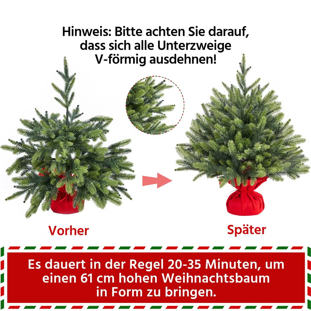 Yaheetech Kunstkerstboom Mini – 61 cm – Voorzien Van 62 Takken En Zware Betonnen Voet En Decoratieve Rode Stoffen Hoes – Voor Tafel En Vensterbank – Groen Polyethyleen En Metaal – 58 x 58 x 61 cm