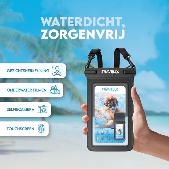Travelly® Waterdicht Telefoonhoesje Met Extra Opberg Vakje – Universeel Onderwater Hoesje voor Smartphone – Geschikt voor alle telefoons – Drybag – Voor Vakantie, Zwemmen & Watersport – Zwart