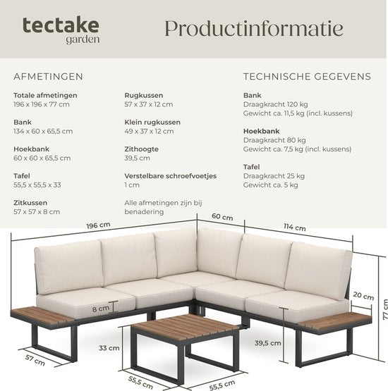 tectake® Tuinset - loungeset 4-delig - Weerbestendige tuinmeubelen met aluminium frame en polywood tafel - Verstelbare rugleuning - Tuinmeubelset met kussens - Ideaal voor tuin, balkon en terras