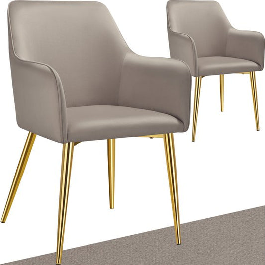tectake® Eetkamerstoel Avane - Fluweellook - Gestoffeerde stoel met ergonomische armleuningen - Slanke stalen gouden poten - Draagkracht 120 kg - Comfortabele eetkamer- en keukenstoel - Set van 2 - Taupe