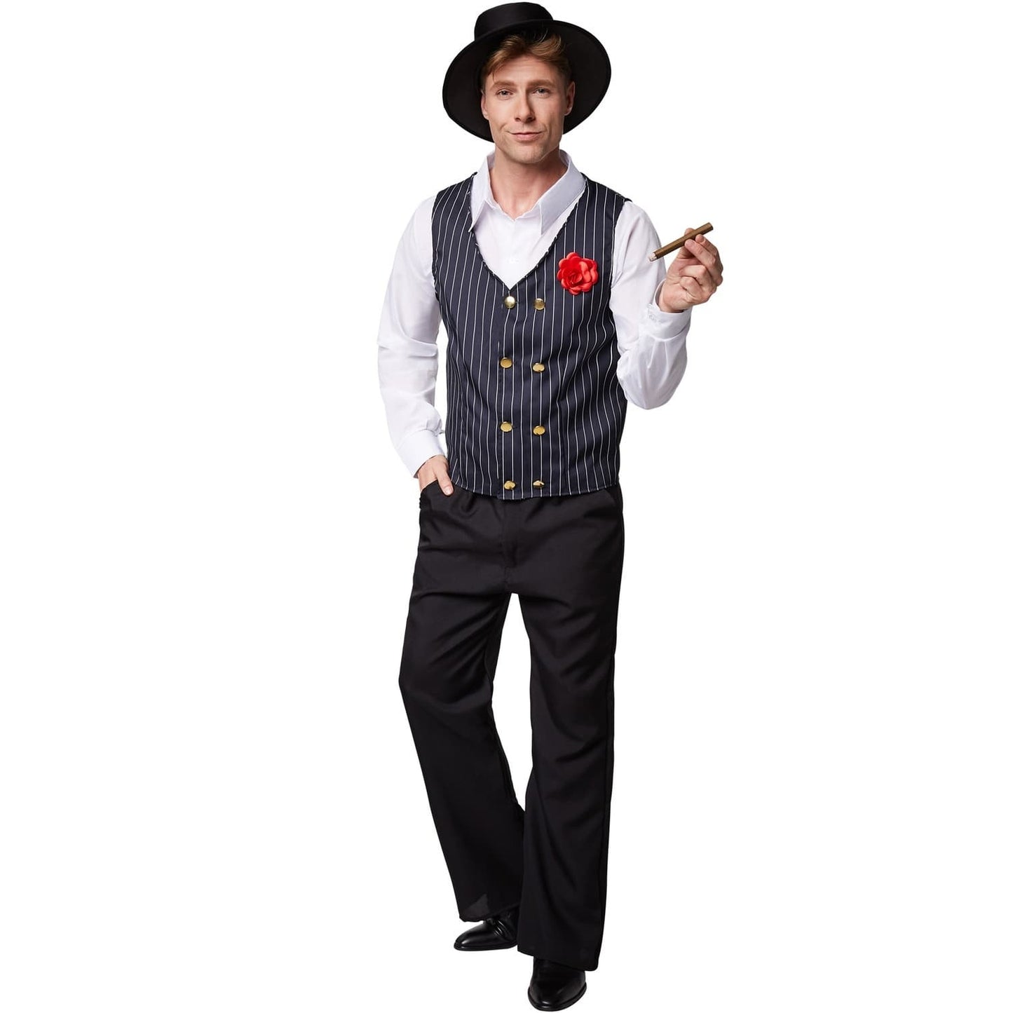 charleston gentleman kostuum - maat S – zwart/wit – polyester | inclusief hoed, overhemd, vest & broek