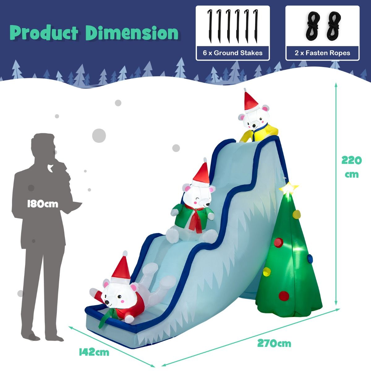 Coast Opblaasbare Kerstglijbaan met IJsberen en Kerstboom – Verlichte Kerstdecoratie met Ventilator – 225 x 120 x 200 cm – Wit