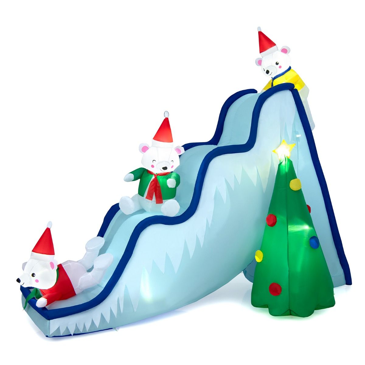Coast Opblaasbare Kerstglijbaan met IJsberen en Kerstboom – Verlichte Kerstdecoratie met Ventilator – 225 x 120 x 200 cm – Wit