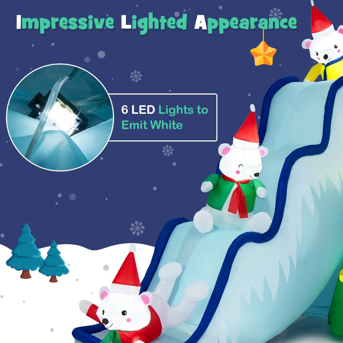 Coast Opblaasbare Kerstglijbaan met IJsberen en Kerstboom – Verlichte Kerstdecoratie met Ventilator – 225 x 120 x 200 cm – Wit