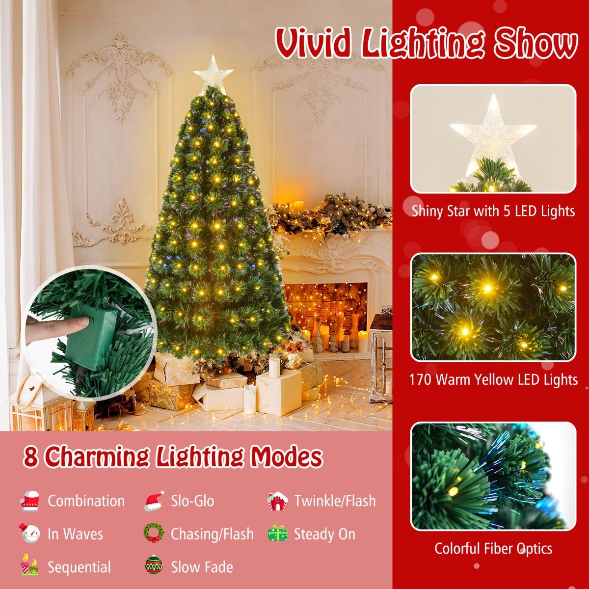 Coast Kunstmatige Kerstboom - 150 cm - Groen - 170 LED Lampjes - Met Ster & 8 Lichtstanden