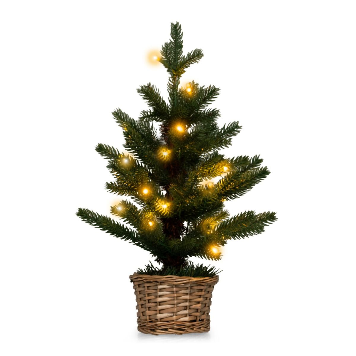 Coast Verlichte Kunstmatige Minikerstboom in Pot – 48 cm Hoog – Groen/Natuur – 96 Takuiteinden – 20 Warmwitte LED Lampjes – Timer – Rieten Pot