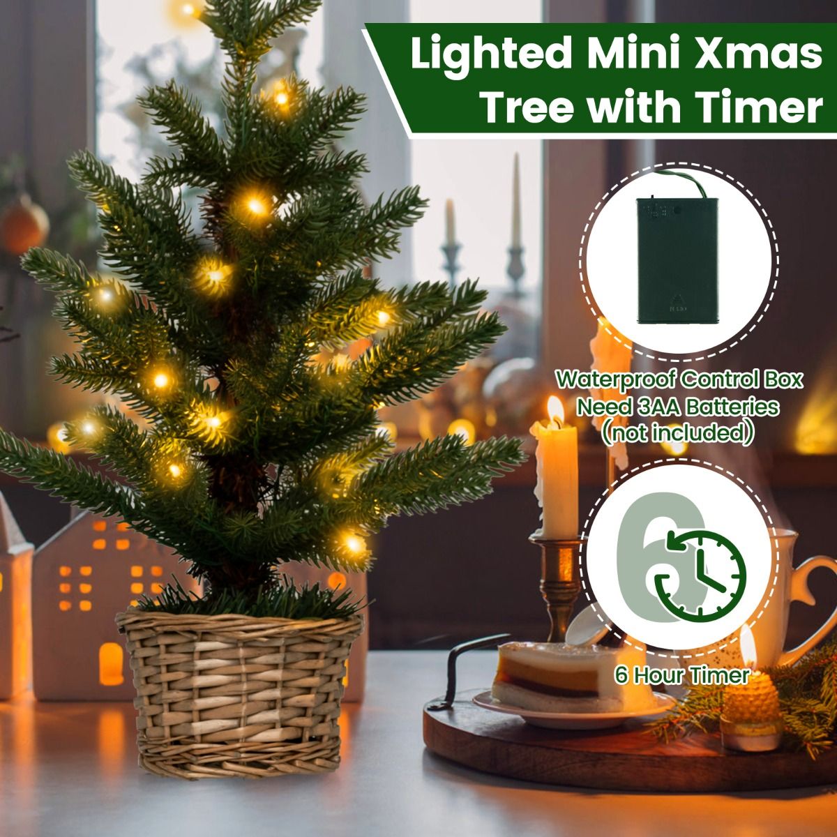 Coast Verlichte Kunstmatige Minikerstboom in Pot – 48 cm Hoog – Groen/Natuur – 96 Takuiteinden – 20 Warmwitte LED Lampjes – Timer – Rieten Pot