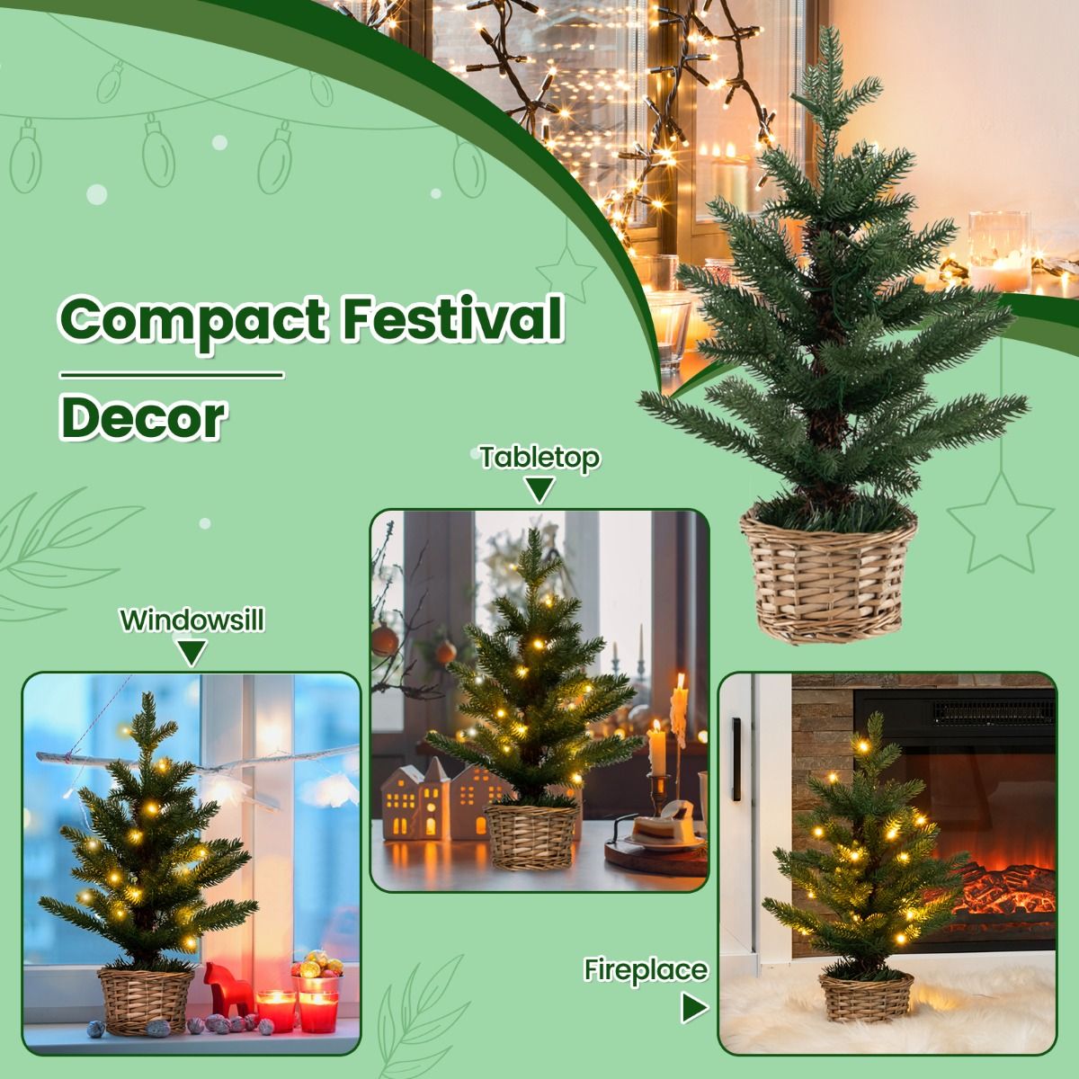Coast Verlichte Kunstmatige Minikerstboom in Pot – 48 cm Hoog – Groen/Natuur – 96 Takuiteinden – 20 Warmwitte LED Lampjes – Timer – Rieten Pot