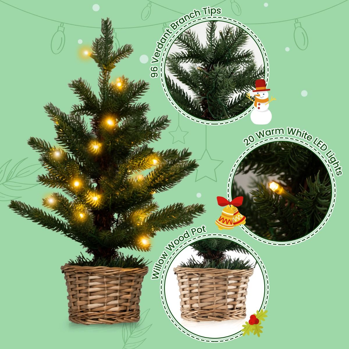 Coast Verlichte Kunstmatige Minikerstboom in Pot – 48 cm Hoog – Groen/Natuur – 96 Takuiteinden – 20 Warmwitte LED Lampjes – Timer – Rieten Pot