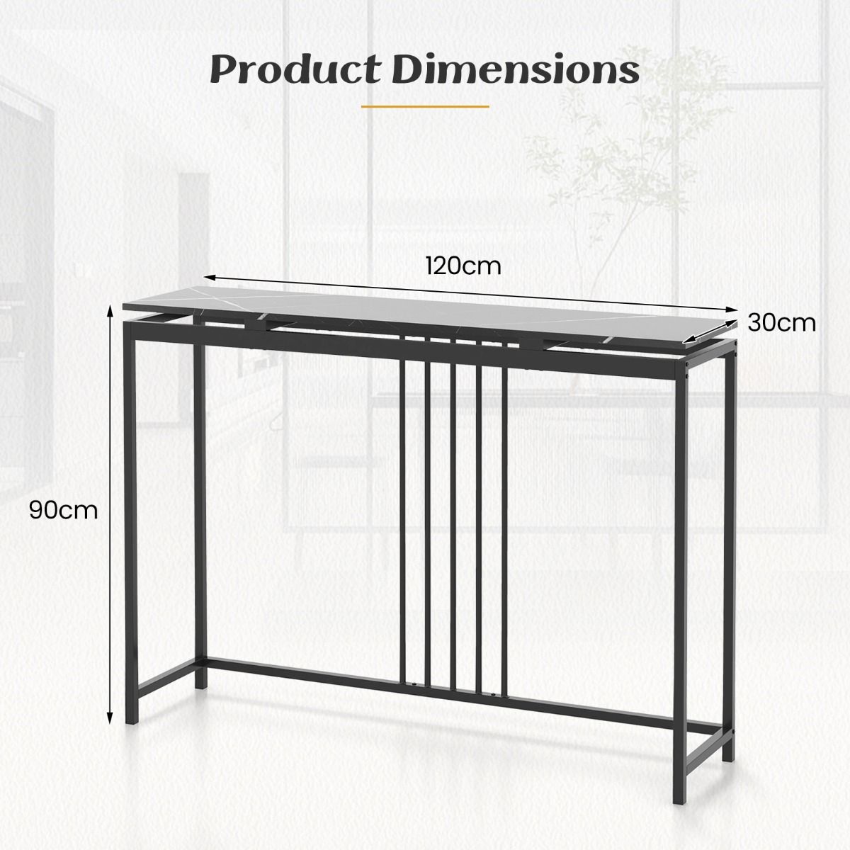 Coast Consoletafel Kunstmarmer Zwart – 120 x 30 x 90 cm – Smalle Entreetafel met Stalen Frame
