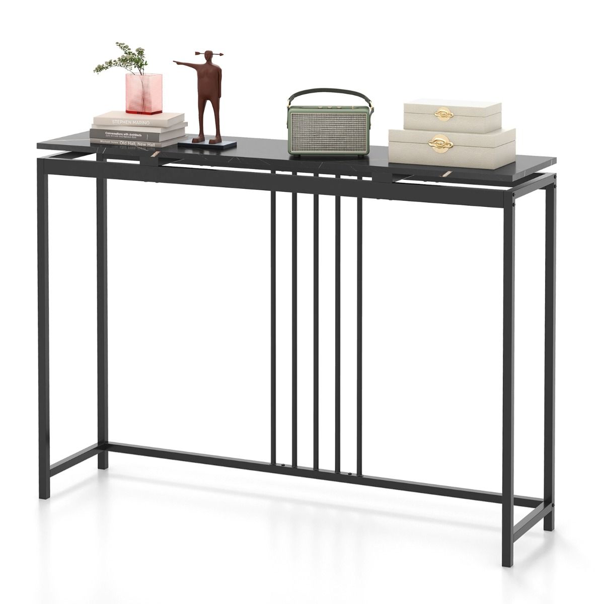 Coast Consoletafel Kunstmarmer Zwart – 120 x 30 x 90 cm – Smalle Entreetafel met Stalen Frame