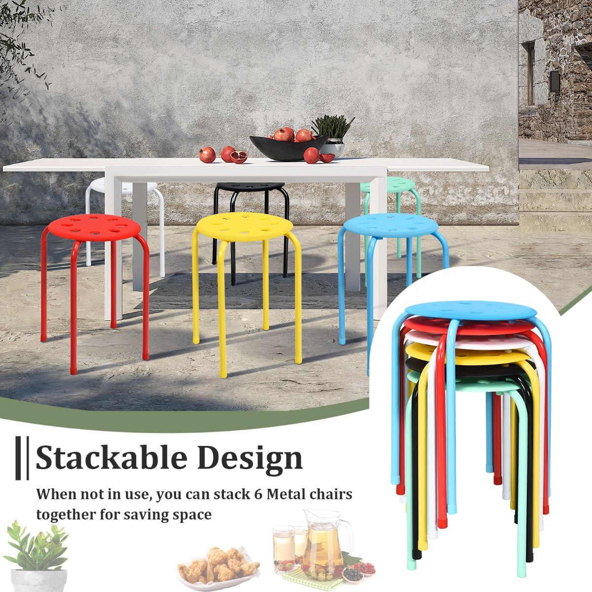 Coast Stapelkruk Set van 6 – Veelkleurig – Metalen Eetkamerkrukken met PP Zitting – Stapelbaar & Antislip – 30 x 30 x 44,5 cm