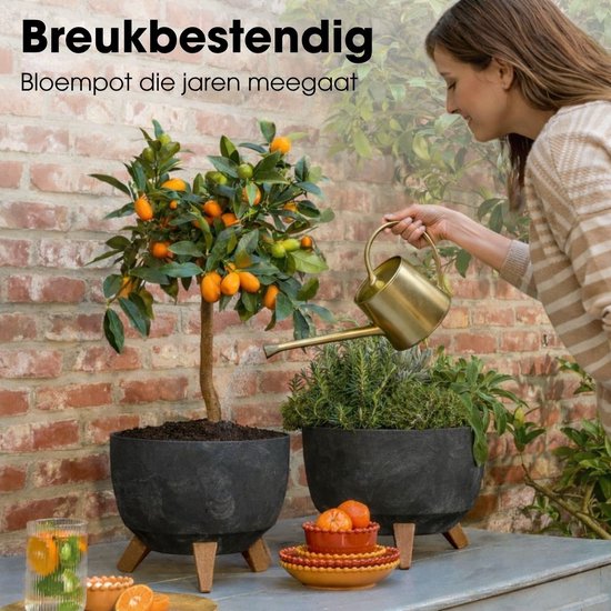 Mica Decorations Doppio Plantenbak op Poten - 18,5 x Ø33 cm - Plantenbakken voor Buiten - Bloembakken voor Balkon - Gerecycled Plastic - Zwart