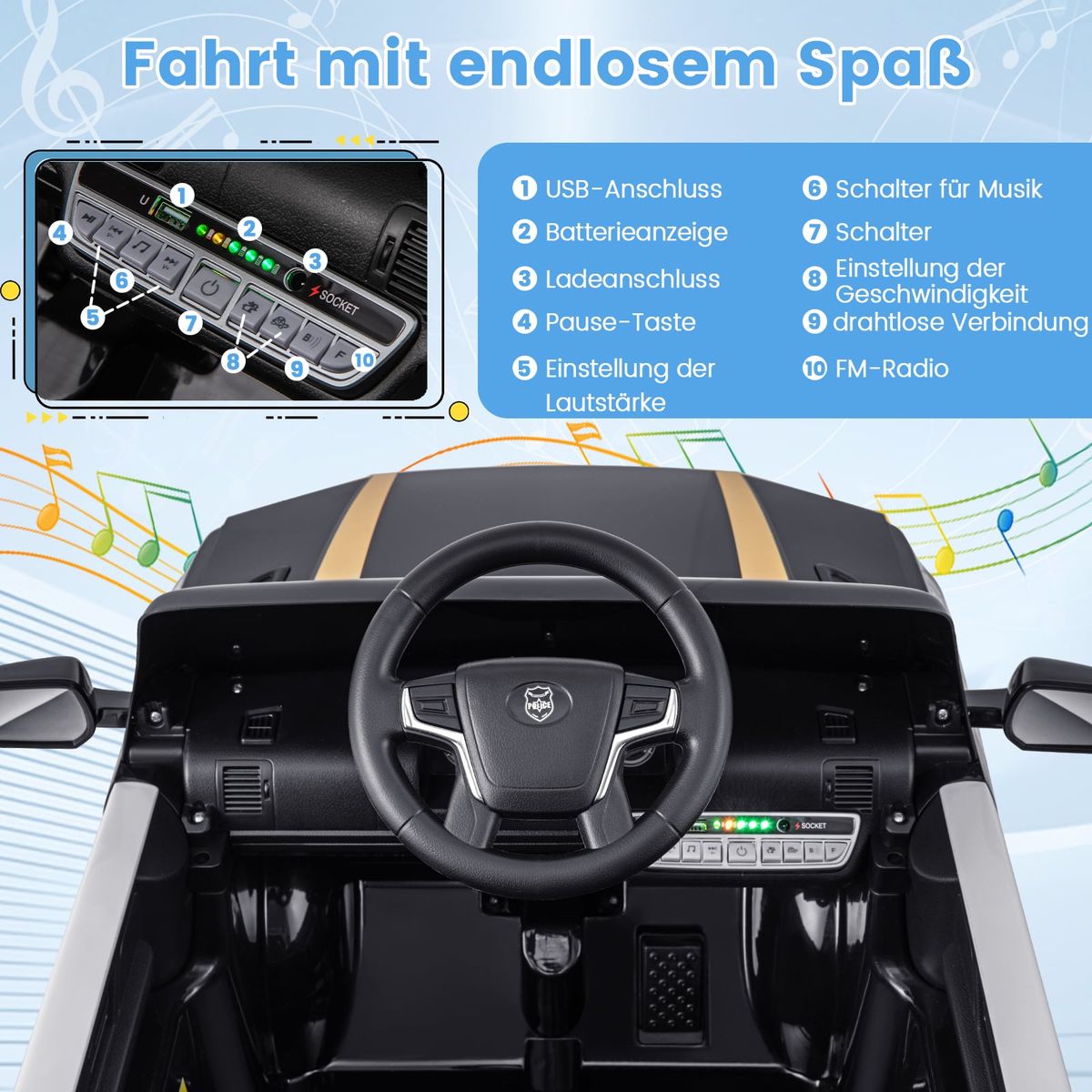 Coast Elektrische Kinderpolitieauto - met afstandsbediening - sirene en LED-verlichting - zwart