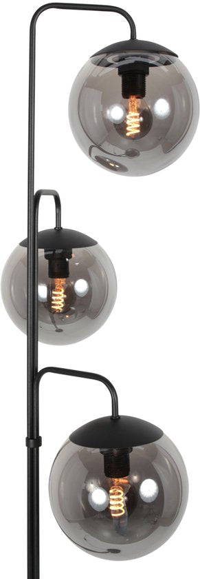 Vloerlamp Bollique 4611ZW van Steinhauer - Stijlvol zwart metaal met 3 smoke glazen bollen, hoogte 173 cm, ronde voet 40 cm, perfect voor binnengebruik