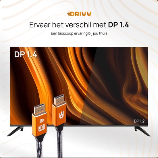 Drivv. Displayport Kabel - 8K 60Hz – 4K 144 Hz - 32.4GBps - Displayport 1.4 - DP Kabel - 1 meter