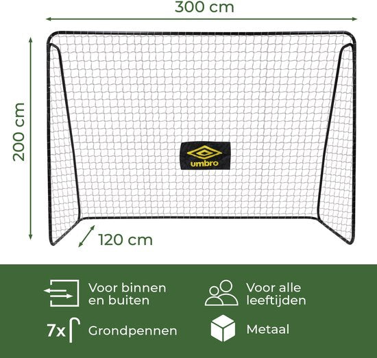 Umbro Voetbaldoel - Voetbal Goal 300 x 120 x 205 cm - Voetbalgoal Groot - Buitenspeelgoed voor Kinderen en Volwassenen - Snelle Montage - Voetbal Training Doel - Metaal - Zwart/ Geel