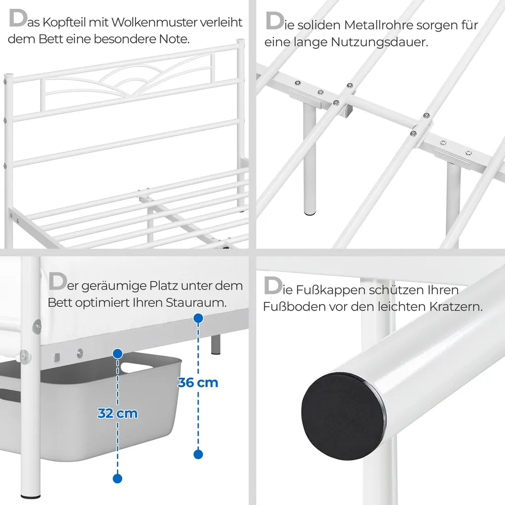 Yaheetech Bedframe 140 × 200 cm – Wit Metaal – Met Wolkenpatroon Hoofd- en Voetbord en 32 cm Opbergruimte