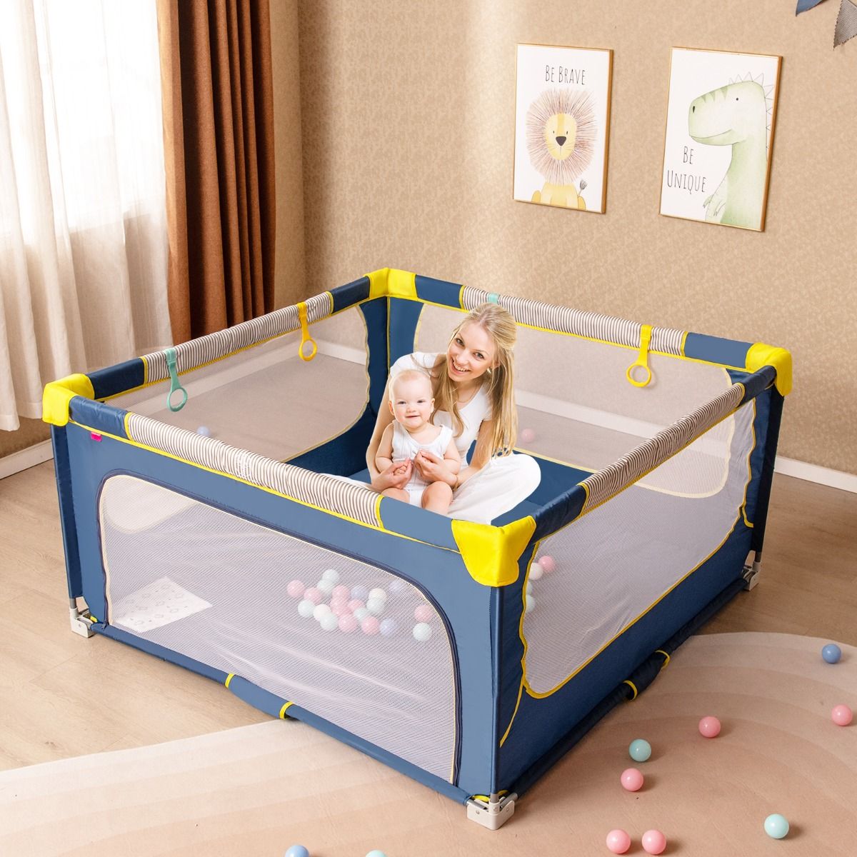 Coast Opvouwbare Babybox - Veiligheidshek met ritssluiting - Inclusief 50 speelballen en 4 hefringen - Grijs 150 x 150 cm
