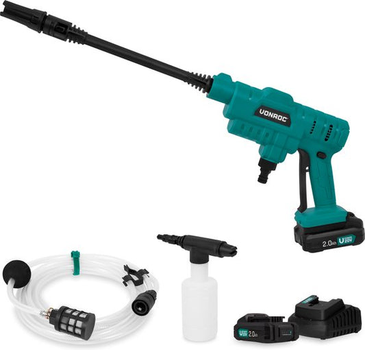 VONROC Accu drukreiniger 20V – 24bar – 198 l/h - Inclusief 5m aanzuigslang, reinigingsmiddelenfles en regelbare spuitmond – Inclusief 2x 2.0Ah Accu en Snellader