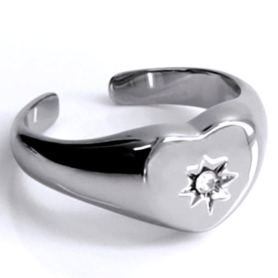 Laura Ferini Verstelbare Dames Ring Lana Zilver - Zegelring met Hartje en Zirkonia Kristal - Zilverkleurig Vrouwen Sieraad - Waterproof Roestvrij Staal - RVS Sieraden - Accessoires