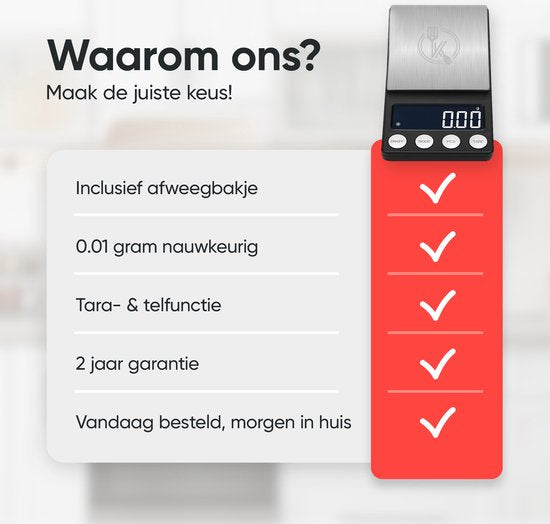 Kitchenwell digitale mini precisie keukenweegschaal - 0,01 tot 500 gram - 14.2 x 7.5 cm - pocket scale op batterij - weegschaal keuken