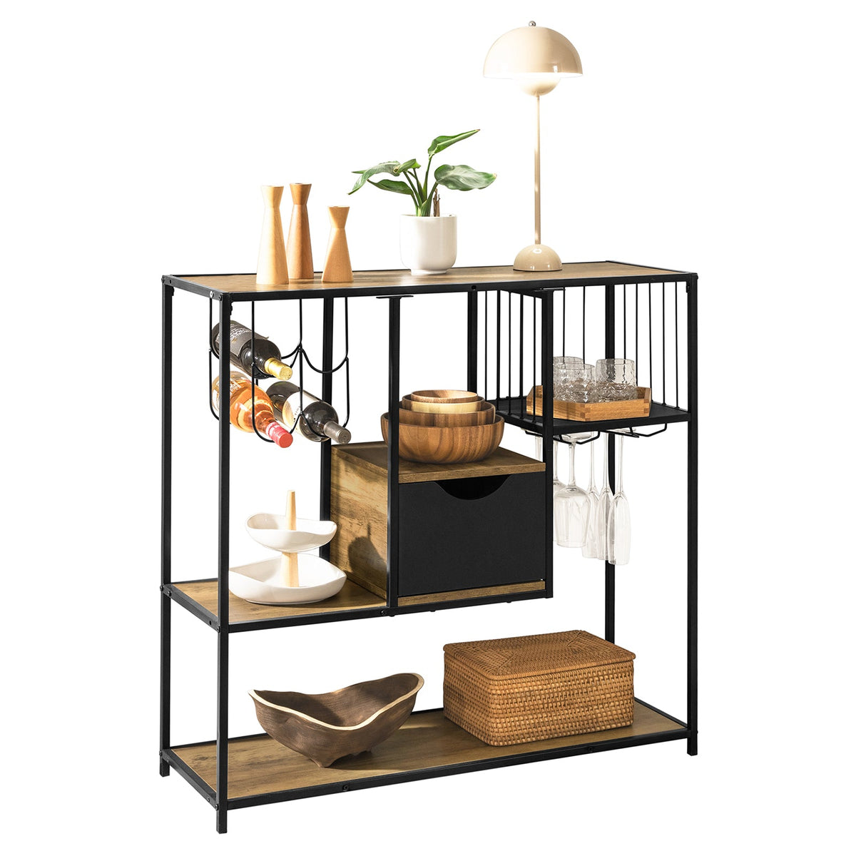 SoBuy FSB56-F Consoletafel – 100x33x95 cm – Vintage Bruin/Zwart – Bijzettafel met Lade, 3 Opbergplanken en Flessenhouder