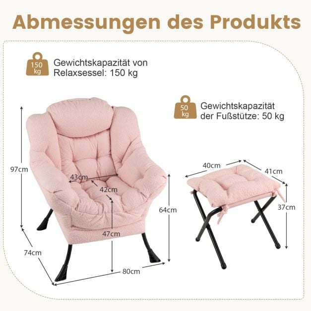 Coast Roze Loungestoel met Armleuningen, Hoofdkussen & Zijvak – Relaxfauteuil met Optionele Voetenbank – Sherpa – Roze