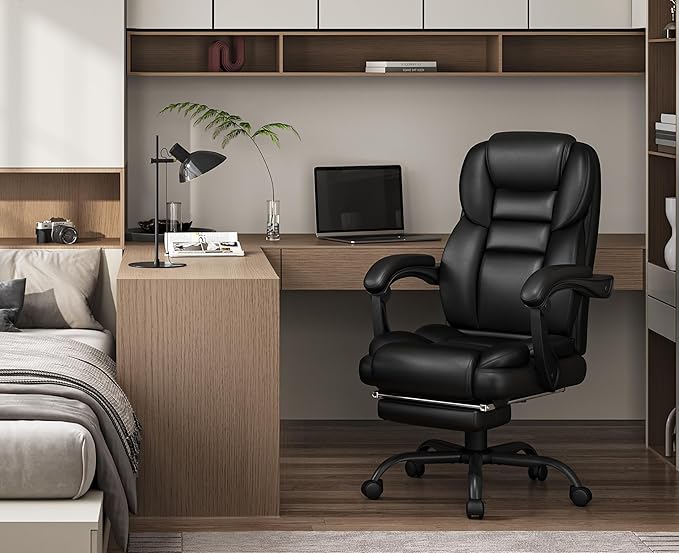 Yaheetech Bureaustoel met Voetensteun – Zwart – Ergonomische Directiestoel met Verstelbare Rugleuning en Armleuningen