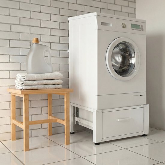 Vonia Wasmachine Verhoger - Wasmachine Verhoger met lade - Wasmachine Sokkel - Wasmachine Kast - Wasmachine ombouw - 63x54x31 - Wit