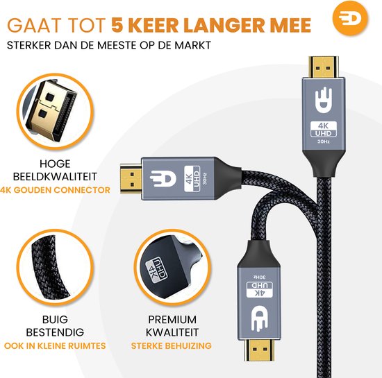Drivv. Premium Displayport naar HDMI Kabel - 4K 30hz - Nylon - 2 meter - Grijs