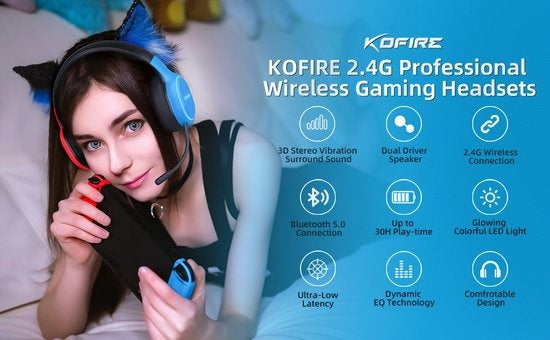 Kofire UT-01 2.4GHz Draadloze Gaming Headset - Bluetooth Over-ear koptelefoon met microfoon - Multi platform - Rood blauw