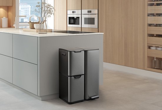 Cleaning prullenbak - 60L - Zacht sluiten - Metaalgrijs - Afval Scheiden 3 bakken - 47 x 39 x 72