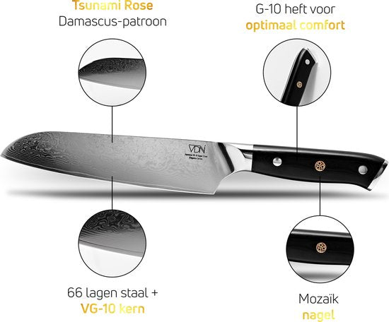VDN Santokumes damaststaal - Elegance serie - VG-10 Japans damascus - 67 lagen staal