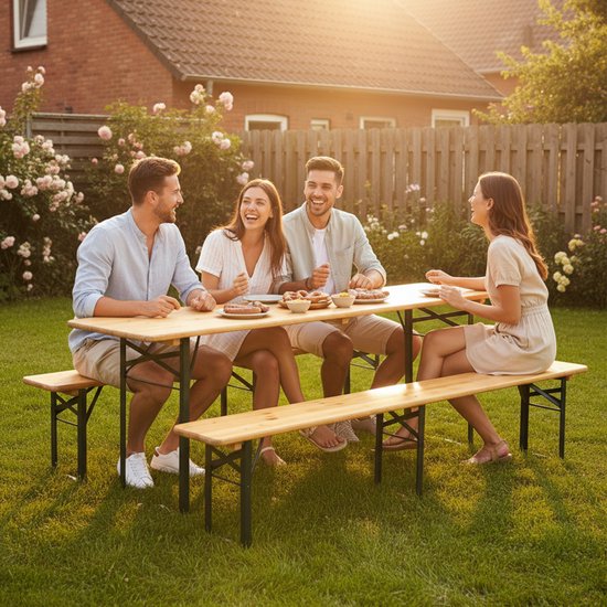 AXI Toon Biertafelset - Opklapbare Tafel en 2 Banken – 220 cm –Stalen Frame & Hout – Met Rubberen Pootkapjes – Picknicktafel voor buiten