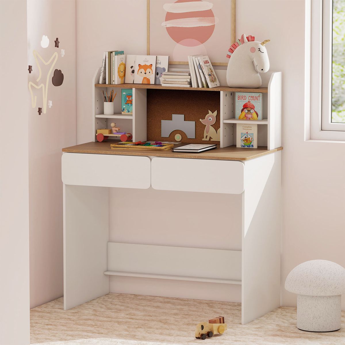 Coast Kinderschrijftafel met kurken prikbord - oplaadstation - ruime opbergruimte - wit