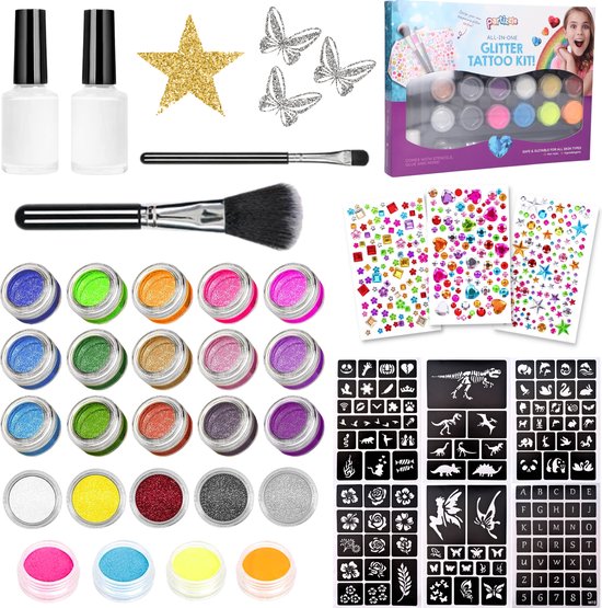 Partizzle Compleet Bio Glitter Tattoo Set - Meisjes / Jongens - Schmink Sjablonen, Lijm en Penselen - Gezicht Nep Neon Tattoos Knutselpakket - Carnaval Cadeau Knutselen voor Kinderen - 24 Kleuren / Biodegradable