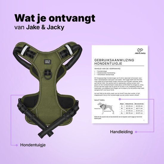 Jake en Jacky Hondentuigje - Anti-Trek Tuig - Hondenharnas - Y Tuig Hond - Reflecterend - Groen- Maat S
