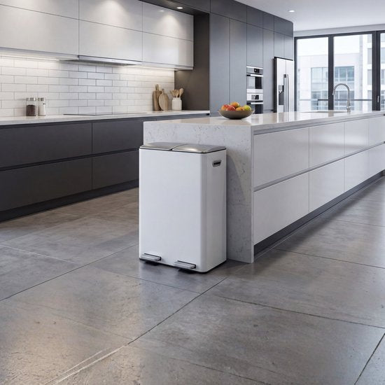 Bayt Prullenbak - Prullenbak 60 Liter (2x30) - Vuilnisbak 60 Liter - Pedaalemmer 60 Liter - Prullenbak Afvalscheiding - Prullenbak 2 Vakken - Afvalbak - RVS - Wit