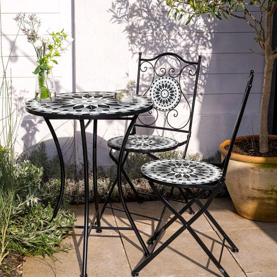AXI Amélie Bistro Stoelen – Inklapbaar – Zwart/wit – Metalen inklapbare tuinstoelen – Hoge rugleuning – Set van 2 stuks – Mozaïeklook – Ingelegd met keramische tegels – 150 kg draagkracht – Tuin, terras of balkon