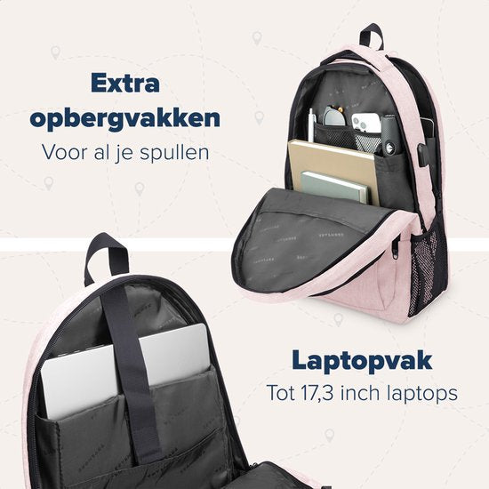 TRVLMORE Rugtas - 36L - 17,3 Inch - Laptop Rugzak met USB - Schooltas - Heren en Dames - Tas -Levenslange - Roze