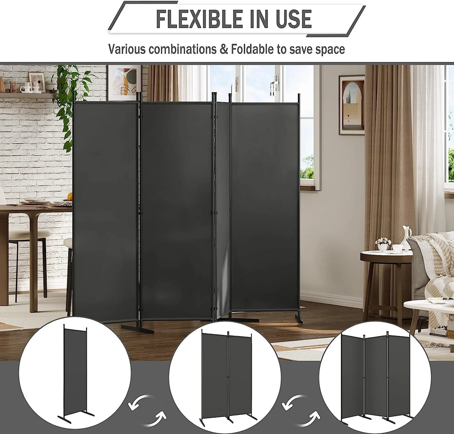 Woltu Paravent Ruimteverdeler & Privacy Scherm 4-Delig Donkergrijs - 223 x 177 cm - Opvouwbare Scheidingswand voor Binnen en Buiten